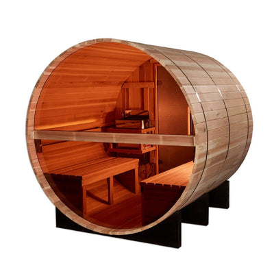 Golden Designs Zurich 4-Person Cedar Barrel Sauna w/ Panoramic Rear Window & Harvia Traditional Electric Heater Kit | GDI-B024-01
