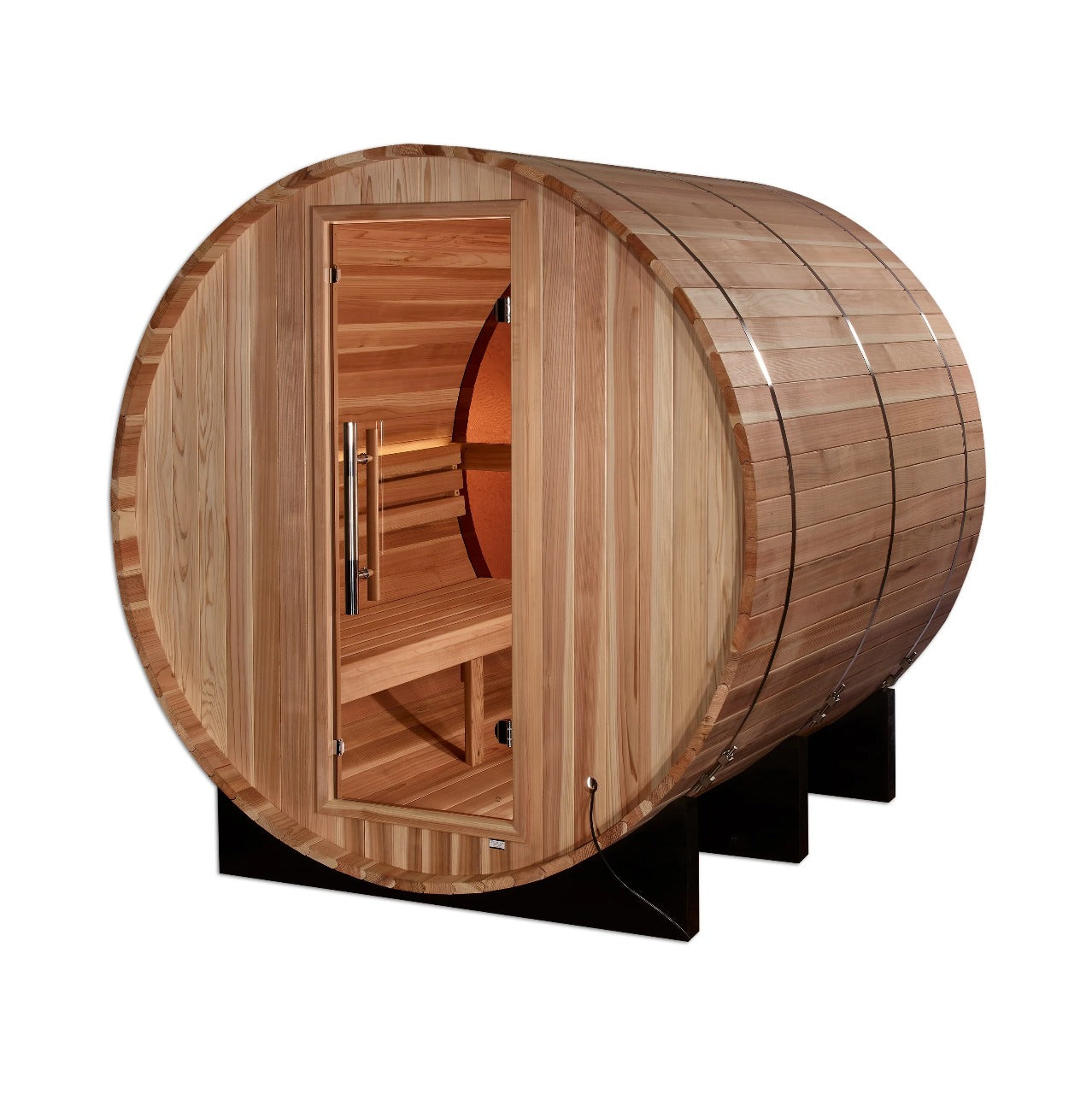 Golden Designs Zurich 4-Person Cedar Barrel Sauna w/ Panoramic Rear Window & Harvia Traditional Electric Heater Kit | GDI-B024-01