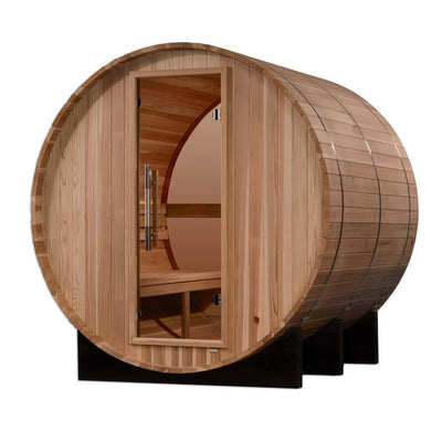Golden Designs Zurich 4-Person Cedar Barrel Sauna w/ Panoramic Rear Window & Harvia Traditional Electric Heater Kit | GDI-B024-01