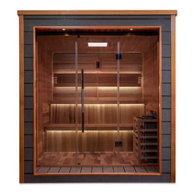 Golden Designs Bergen 6 Person Cedar Outdoor Sauna & Harvia Traditional Electric Heater Kit | GDI-8206-01