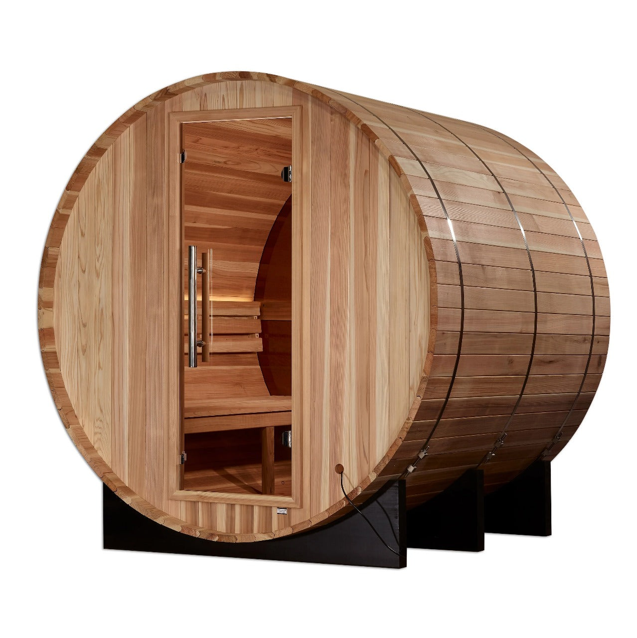 Golden Designs Zurich 4-Person Cedar Barrel Sauna w/ Panoramic Rear Window & Harvia Traditional Electric Heater Kit | GDI-B024-01